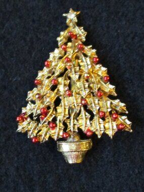 Vintage gold - tone Christmas tree brooch pin  red bulbs